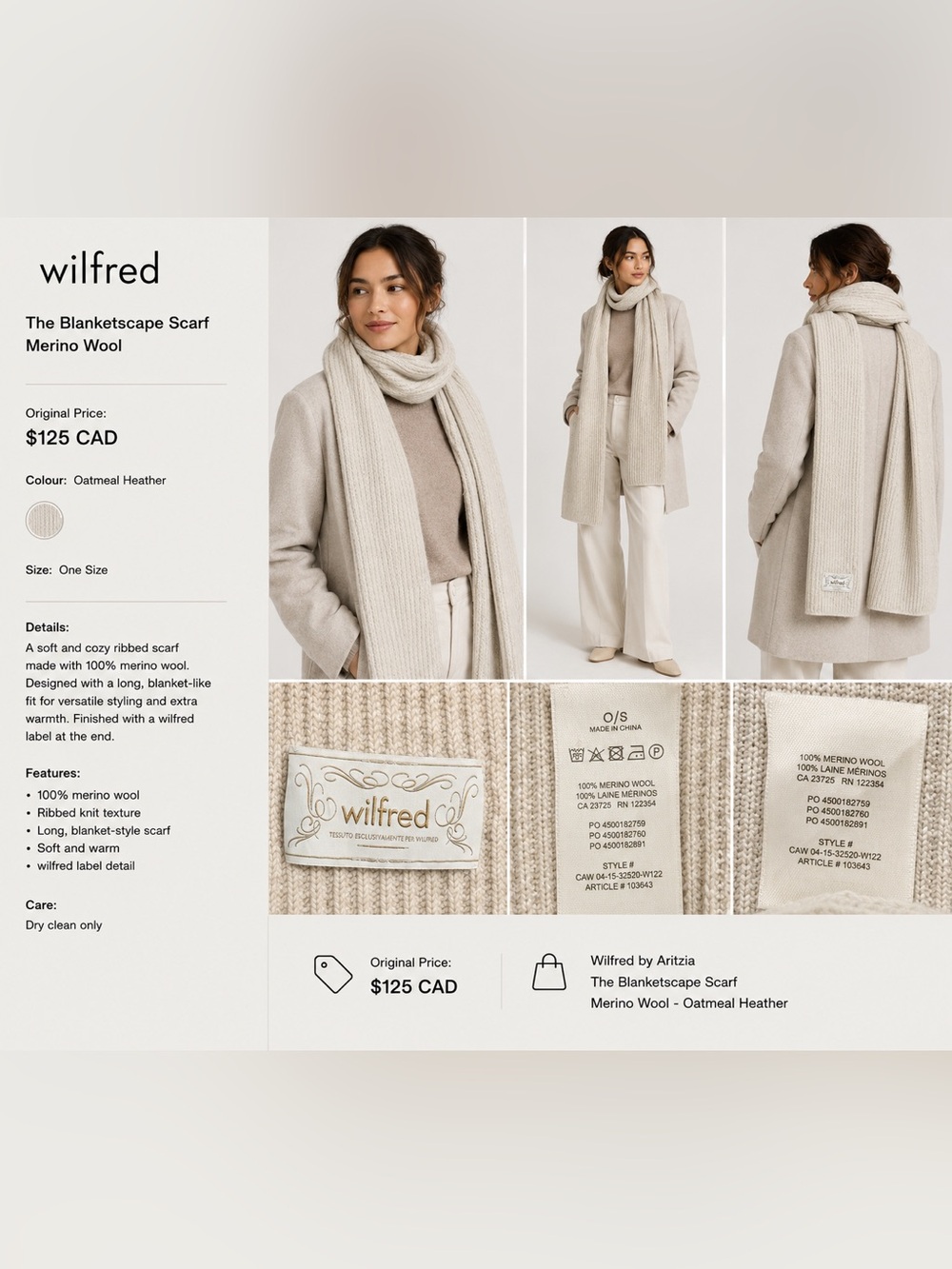 Wilfred Aritzia 100% Merino Wool Ribbed Scarf Oatmeal Quiet Luxury - Picture 2 of 5